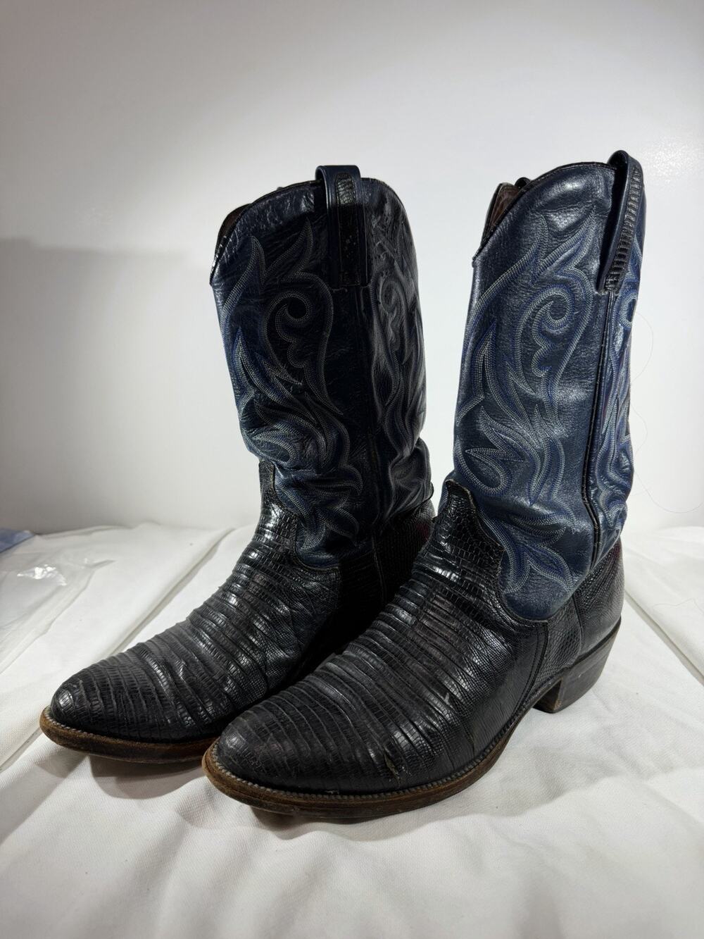 Vtg Frausa Teju Lizard Cowboy Boots Mens 10 D Black Blue Western 3623